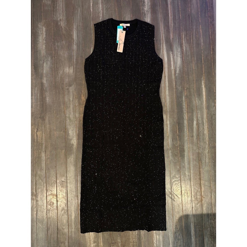 Les Sernin Women Black Ribbed Sequin Sleeveless Midi Ssweater Dress NWT